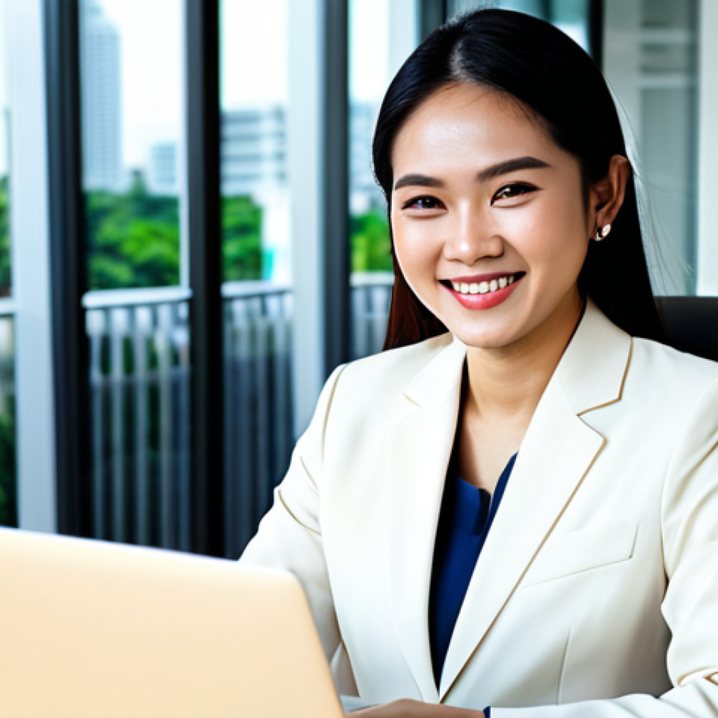 기술적 접근성을 위한 교육 프로그램 개발 - **Prompt:** A professional Thai woman in a modest business suit, smiling confidently while working a...