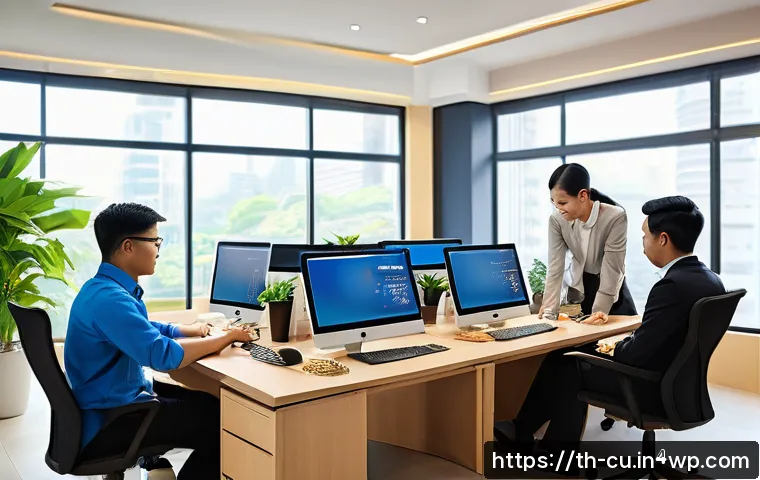 웹 접근성 관련 필수 용어 정리 - A modern office scene showing a diverse group of Thai web developers collaborating on web accessibil...